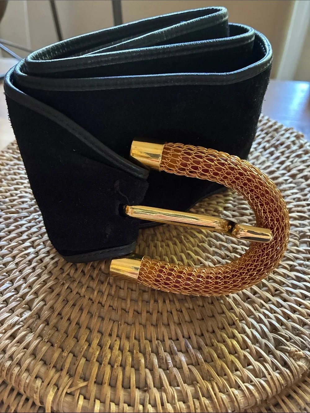 Vintage Anne Klein for Calderon Black Suede Large Gold Buckle Wide Belt